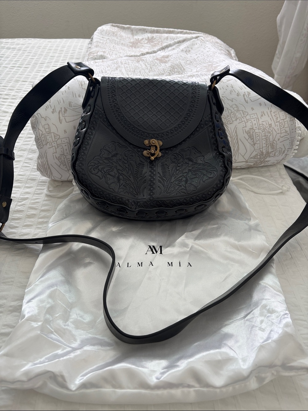 Black Embossed Leather Crossbody Bag
